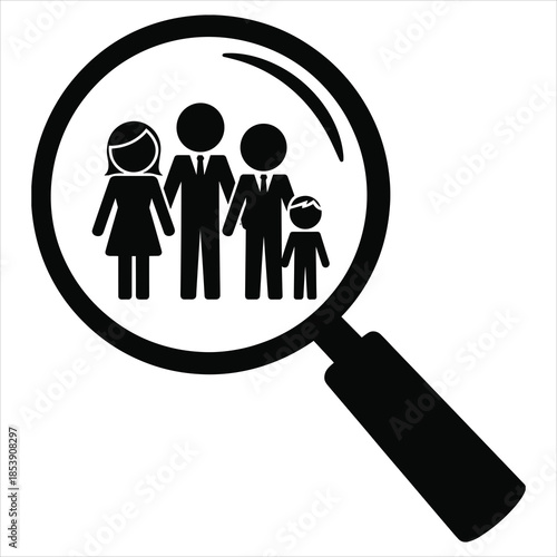 Black Icon of Magnifying Glass Over a Family of Four Stick Figures in Suits search symbol