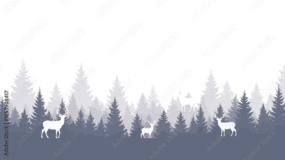 Obraz premium Serene winter forest landscape with deer silhouettes, creating a peaceful scene