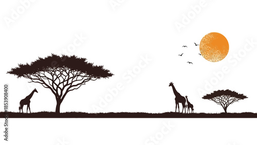 Silhouette Serenity: Giraffes under African Acacia Trees at sunset in the Wild