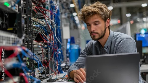 Man working on laptop in server room