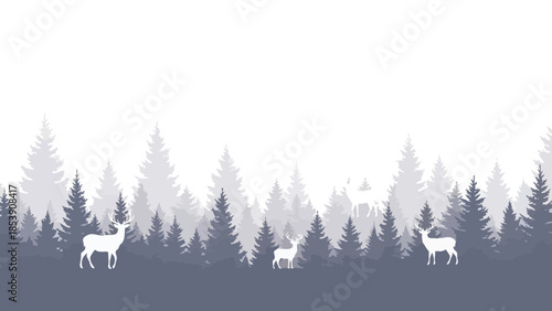 Serene winter forest landscape with deer silhouettes, creating a peaceful scene