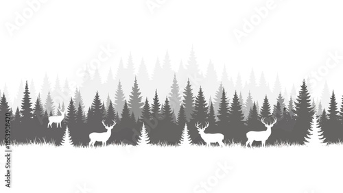 Serene wildlife backdrop with a forest of silhouetted trees and white deer