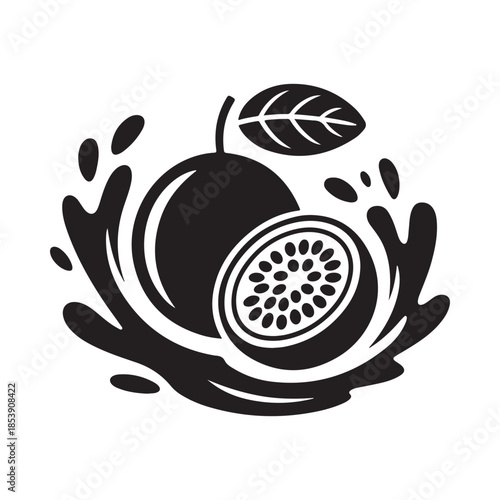 A splash of passion fruit showcasing the whole fruit and a slice