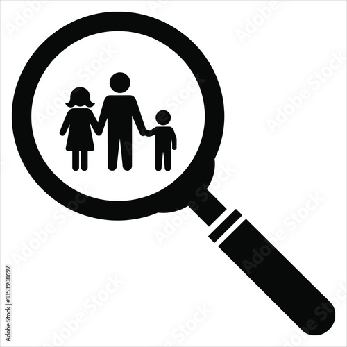 Black Magnifying Glass Icon Focusing on a Family of Three Stick Figures Holding Hands search symbol