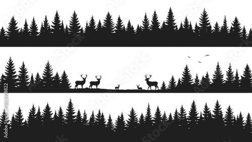 Silhouettes of a forest with fir trees and deer, creating a scenic winter landscape