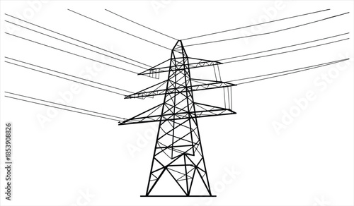 Black outline illustration of an electricity pylon with power lines on white background transmission tower