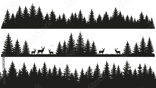 Enchanting Forest Silhouettes: A Serene Landscape with Deer in the Wilderness