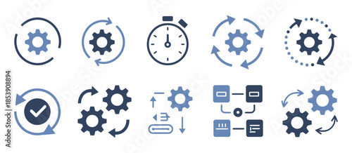 Business Process Icon Set. Workflow and productivity symbol vector illustration featuring management, strategic planning, and corporate efficiency line icons for professional presentations.