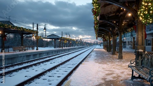Snowy train station platform winter scene