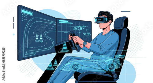 Immersive virtual reality experience of a man driving in a racing simulator system