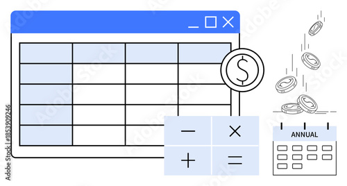 Budget planning, financial management, accounting, business strategy, cost analysis, investment. Spreadsheet with a dollar sign, calendar marked annual and falling coins. Budget planning
