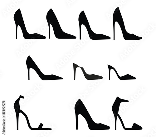 Collection of black high heel shoe silhouettes on white background fashion footwear