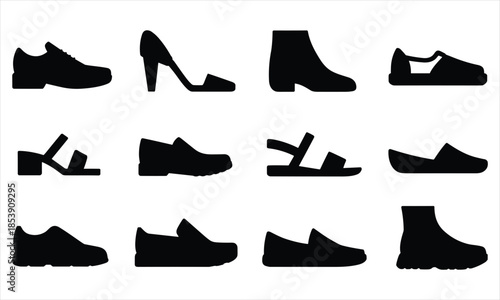 Collection of Black Shoe Silhouettes on White Background Keywords: shoe, shoes, footwear, silhouette, black, white, background