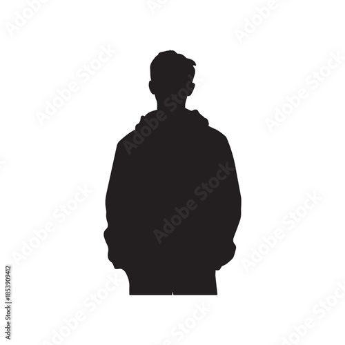 Silhouette of a young man wearing a hoodie standing against white background