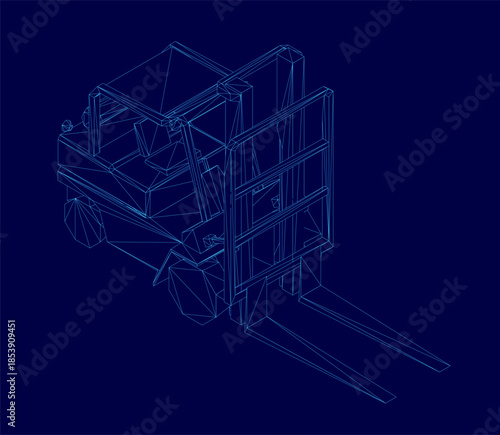 Detailed wireframe illustration of a forklift truck on a solid blue background. Its mechanical structure, mast, and forks are clearly defined with clean lines.