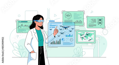 Innovative scientist integrating drone technology data through augmented reality interface