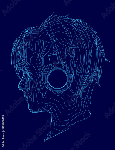 A young man's head in blue line art features a hollow center and abstract facial contours. He wears sleek headphones against a dark blue background.