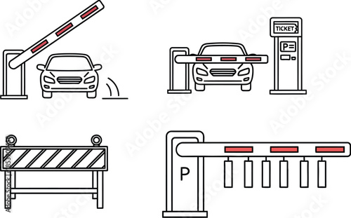 Parking access control elements illustration with car and barriers on transparent background silhouette