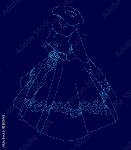 A porcelain doll girl in a blue dress and hat holds a floral bouquet against a dark blue background.