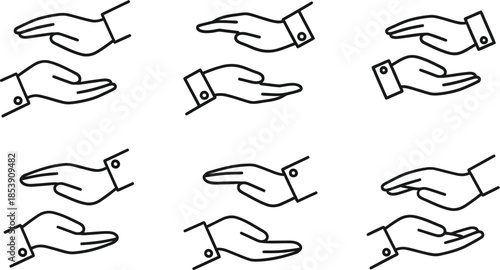 Collection of hand gestures in linear style on transparent background silhouette