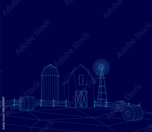 Blueprint wireframe of a farm layout features a tall windmill and a barn with a sloping roof. Several smaller structures, trees, and shrubs complete the schematic design on a dark blue background.