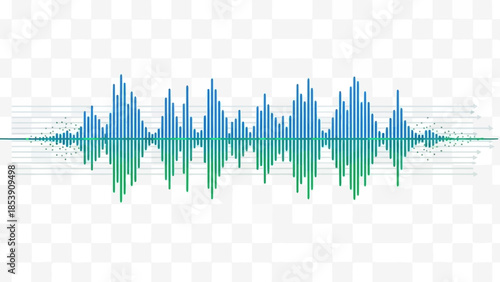 Blue and green sound wave graphic with horizontal lines and arrows.