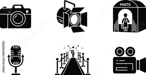 Black photography and filmmaking icons set on transparent background silhouette