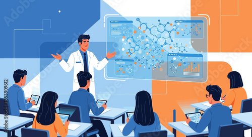 Interactive Learning: A Modern Science Classroom with Molecular Structure on Screen