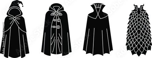 Four distinct black hooded cloak designs on transparent background silhouette