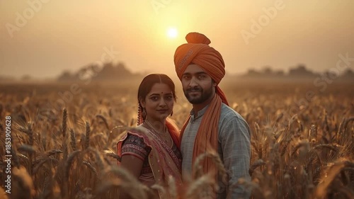 Punjabi Farmer Family Standing in Wheat Fields During Vaisakhi