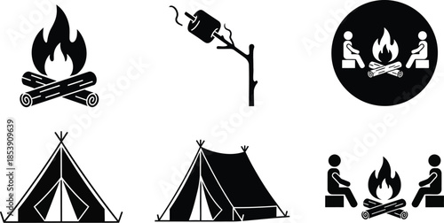 Camping icons with fire tents and people perfect for designs on transparent background silhouette