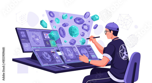 Jewelry designer creating 3D models and digital renderings of gemstones on multiple screens and a