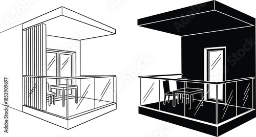 Modern tiny house designs with balcony line art and solid silhouette on transparent background