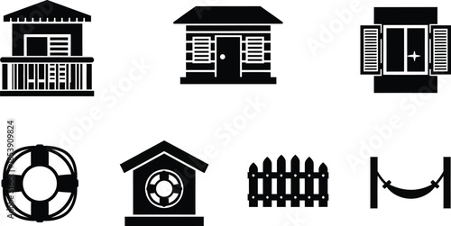 Black house icons and rural elements a design set on transparent background silhouette