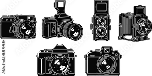 Vintage, camera, silhouette, photography, classic, retro, black, white, illustration, film, analog, design, equipment, old, style, lens, shutter, artistic, mechanical, iconic