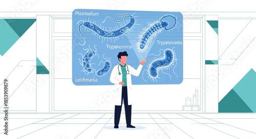 Medical professional presenting research on parasitic diseases using advanced technology interface