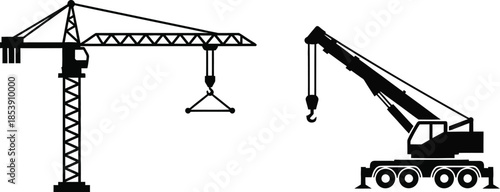 Two construction cranes in black silhouette on transparent background