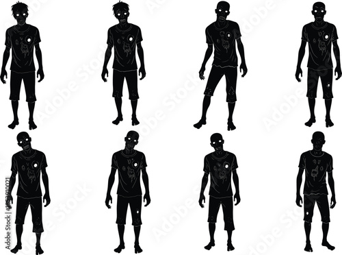 Zombie, silhouette, horror, undead, glowing eyes, tattered clothes, scary, creepy, character, walking, pose, black, illustration, monster, eerie, spooky, design, animation, figure, nightmare