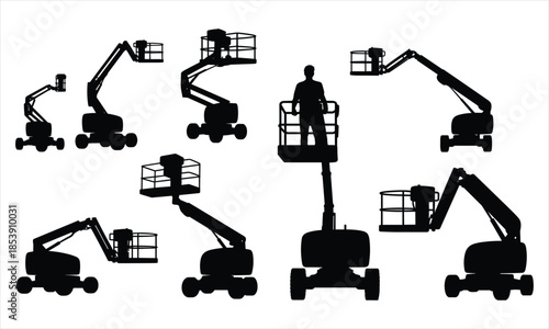 Collection of Black Silhouette Boom Lifts and Cherry Pickers on White Background aerial work platform