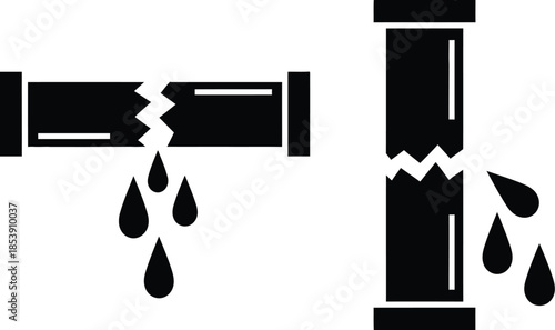 Broken pipe with leaking water drops a simple glyph icon on transparent background silhouette
