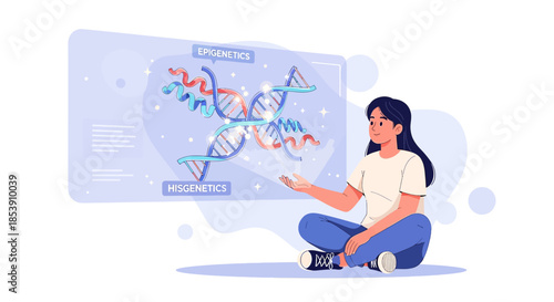 Modern illustration depicting a female scientist analyzing genetics in a digital environment