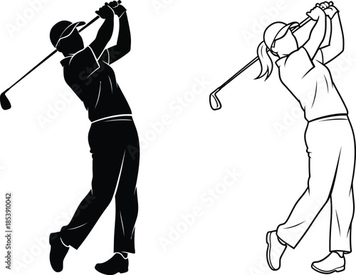 Two golfers in action swinging clubs detailed vector illustration on transparent background silhouette