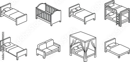 Line art furniture collection including beds sofa and table on transparent background silhouette