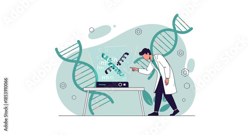 Modern Scientist Studying DNA Structure on Holographic Display in a Futuristic Lab Setting