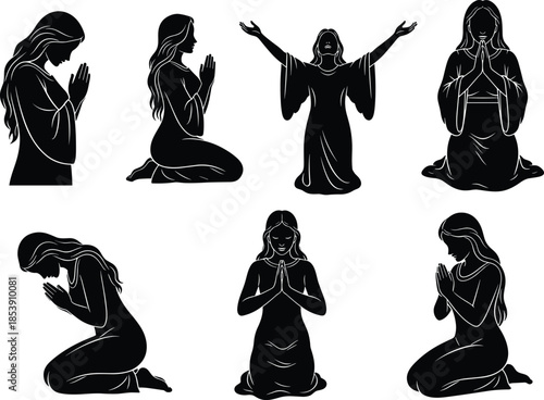 Silhouette, prayer, worship, spiritual, devotion, religious, kneeling, standing, arms raised, meditation, faith, robes, long hair, peaceful, serene, holy, illustration, black, pose, reverence