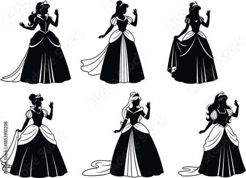 Princess silhouettes, elegant gowns, fairy tale figures, black vector art, tiara icon, graceful pose, fantasy theme, stylized royalty, magical dress, regal character