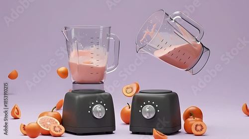 Two blenders with smoothies and fruits on a pastel background, showcasing a vibrant kitchen scene