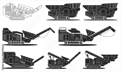 Collection of Black Silhouettes of Industrial Crushing Machines and Conveyors crusher equipment