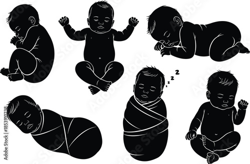 Baby silhouettes, sleeping poses, infant rest, black vector art, swaddled child, curled posture, peaceful icon, parenting theme, nap gesture, newborn illustration