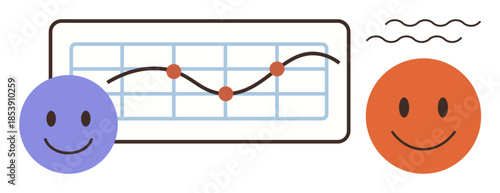 Two smiling faces with a line graph showcasing data points and a positive trend, symbolizing growth, happiness, and collaboration. Ideal for business, teamwork, data, success, analytics positivity